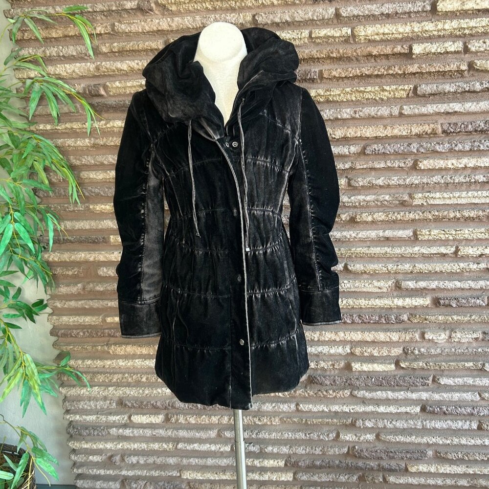Gallery Black Distressed Velvet Puffer Jacket Grunge Boho Vibes Size Medium P - Picture 3 of 14
